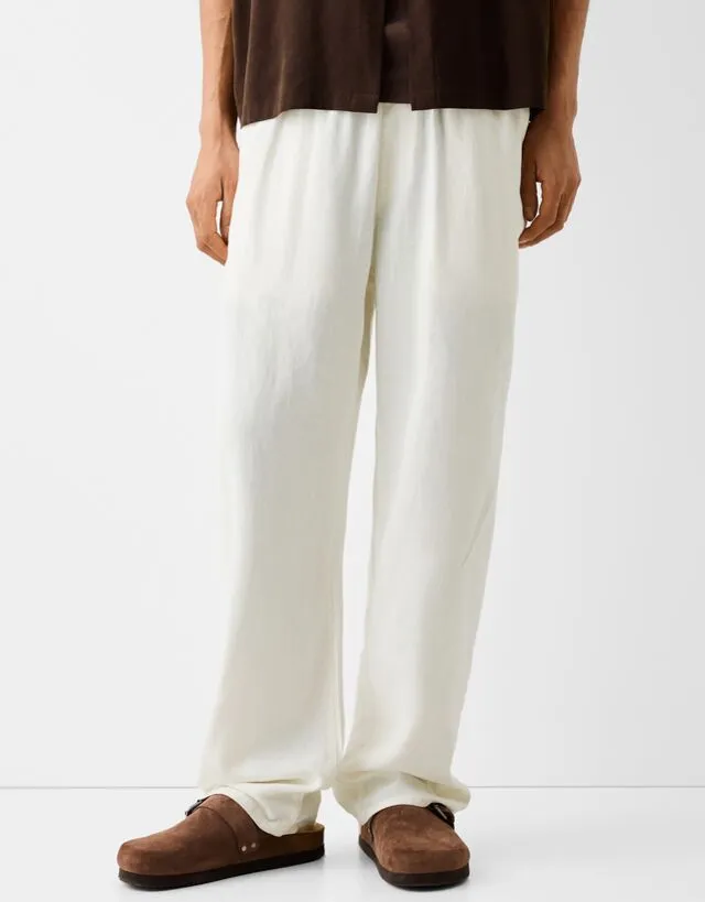 Bershka Pantaloni Da Tuta Wide Leg In Misto Lino Uomo M Bianco