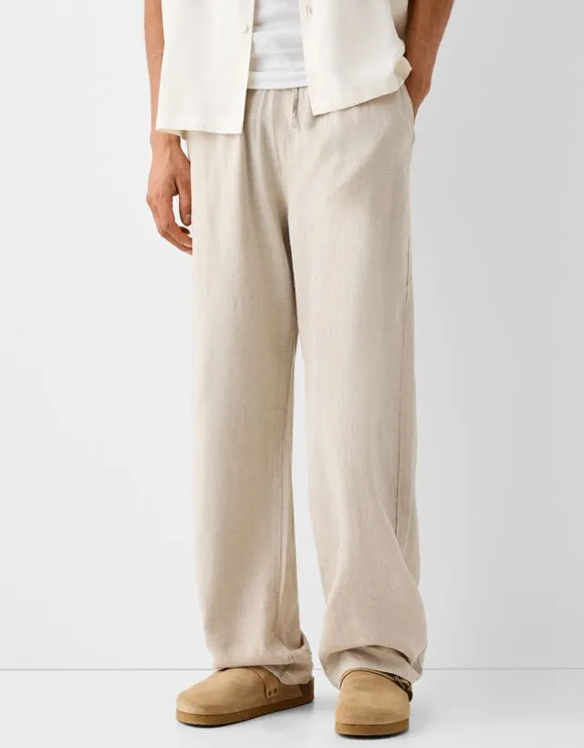 Bershka Pantaloni Da Tuta Wide Leg In Misto Lino Uomo Xl Sabbia