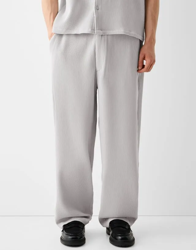 Bershka Pantaloni Wide Leg Plissettati Uomo M Grigio