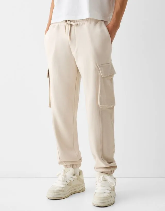 Bershka Pantaloni Tuta Cargo Felpa Dettaglio Uomo Xl Bianco Roto