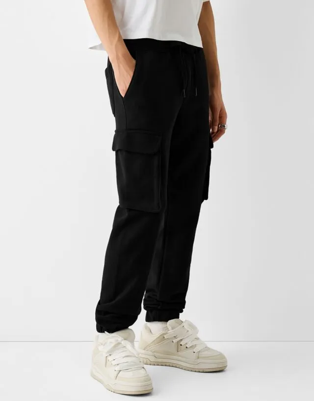 Bershka Pantaloni Tuta Cargo Felpa Dettaglio Uomo M Nero