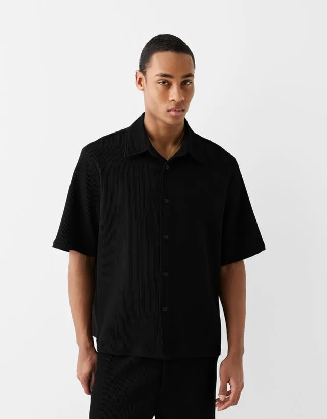 Bershka Camicia A Maniche Corte Plissettata Uomo L Nero