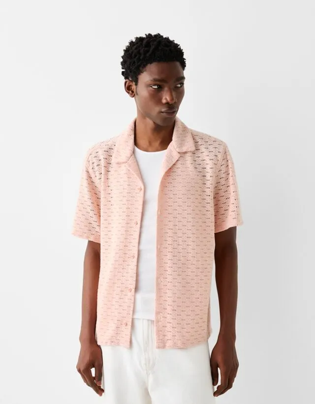 Bershka Camicia A Maniche Corte Traforata Uomo Xs Rosa