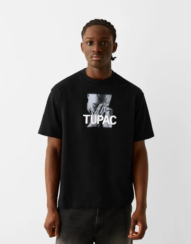 Bershka Maglietta Tupac A Maniche Corte Boxy Fit Uomo M Nero