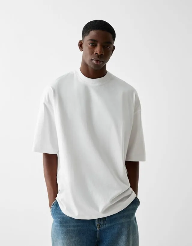 Bershka Maglietta Maniche Corte Oversize Uomo Xs Bianco