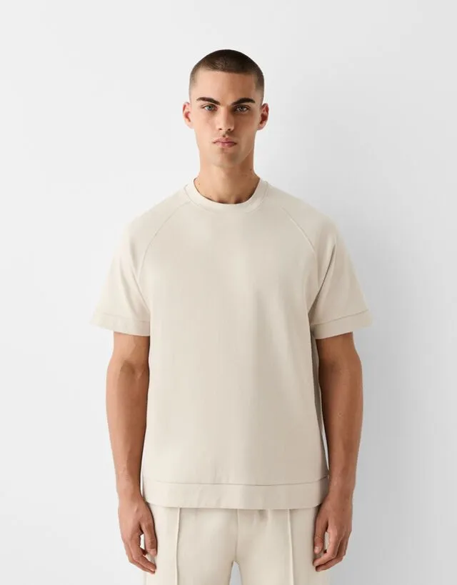 Bershka Maglietta A Maniche Corte Boxy Fit Interlock Uomo L Beige