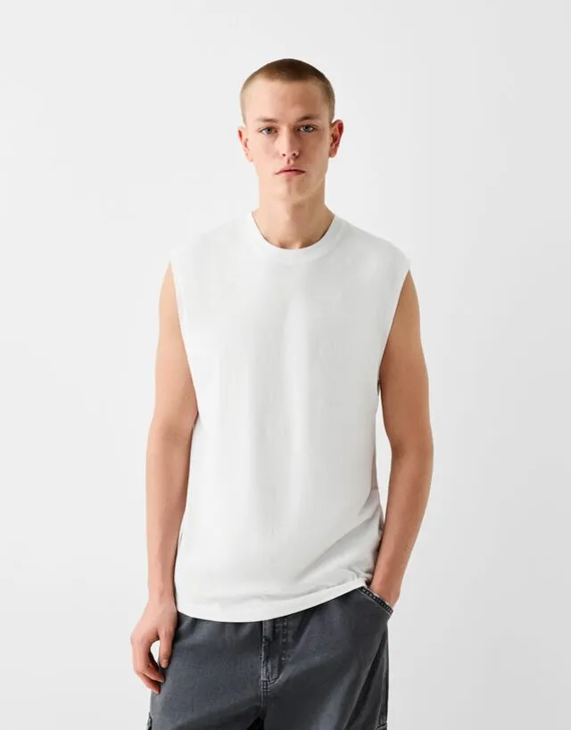 Bershka Maglietta Senza Maniche Worker Fit Uomo L Bianco