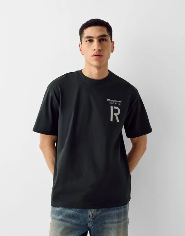 Bershka Maglietta A Maniche Corte Boxy Fit Stampata Uomo L Nero