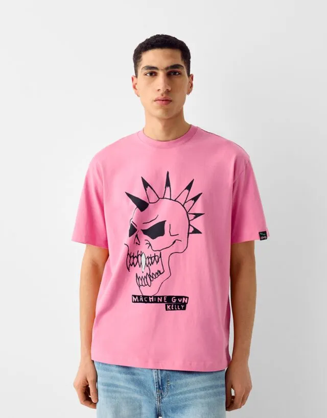 Bershka Maglietta Machine Gun Kelly Maniche Corte Boxy Fit Stampa Uomo L Rosa