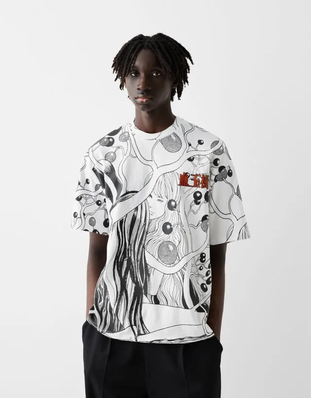 Bershka Maglietta Con Stampa Junji Ito Collection A Maniche Corte Boxy Uomo M Nero