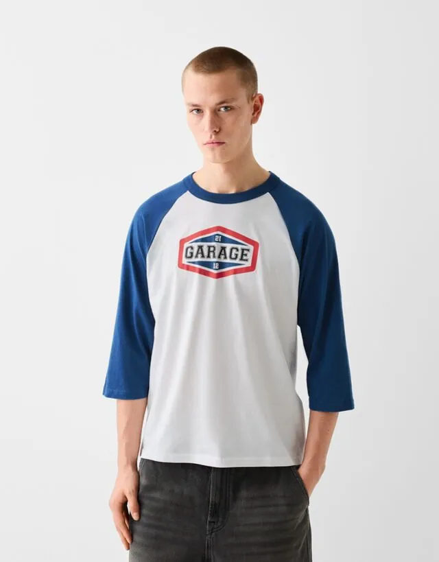 Bershka Maglietta Maniche Raglan Stampa Rétro Uomo S Bianco