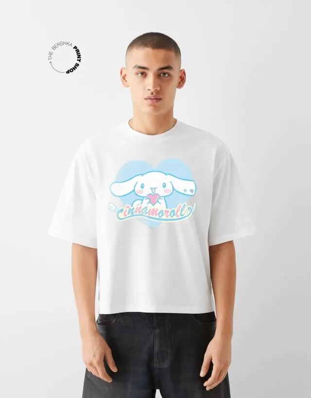 Bershka Maglietta Con Stampa Cinnamoroll A Maniche Corte Boxy Crop Uomo Xl Bianco