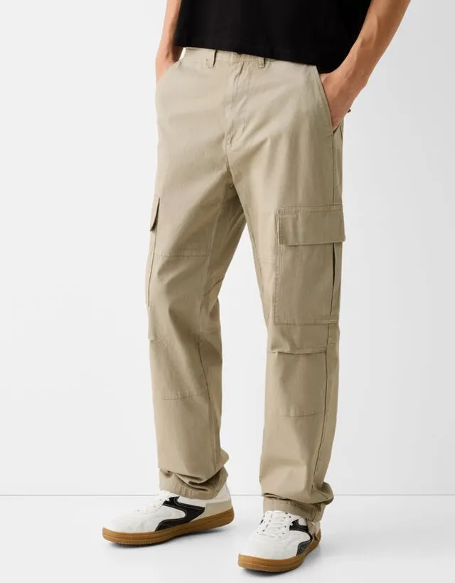 Bershka Pantaloni Wide Cargo Regolabili Uomo 52 (Eu 46) Camel