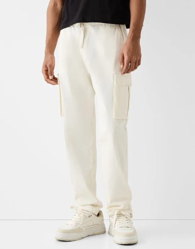 Bershka Pantaloni Cargo Misto Cotone Uomo Xl Bianco Roto