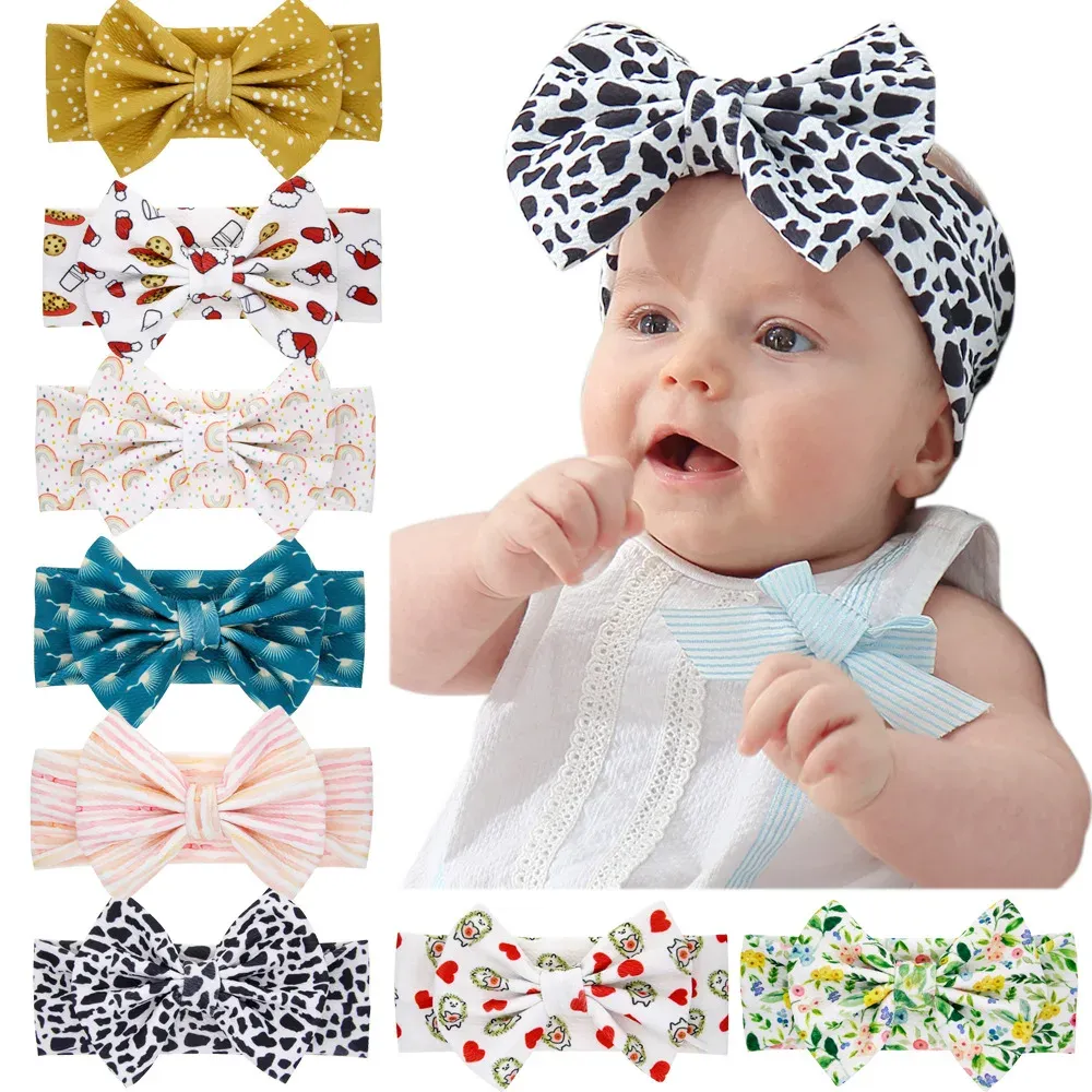 New Printed Cartoon Leopard Bow Knot Baby Hair Band Elastic Newborn Toddler Kids Headwraps Hair Accessories Photo Props