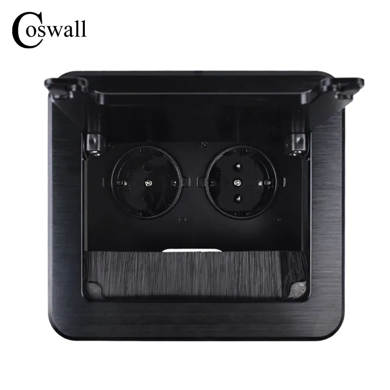 COSWALL Black Aluminum Metal Body Double EU Power Outlet Table Office Socket With Dustproof Brush Clamshell Cover