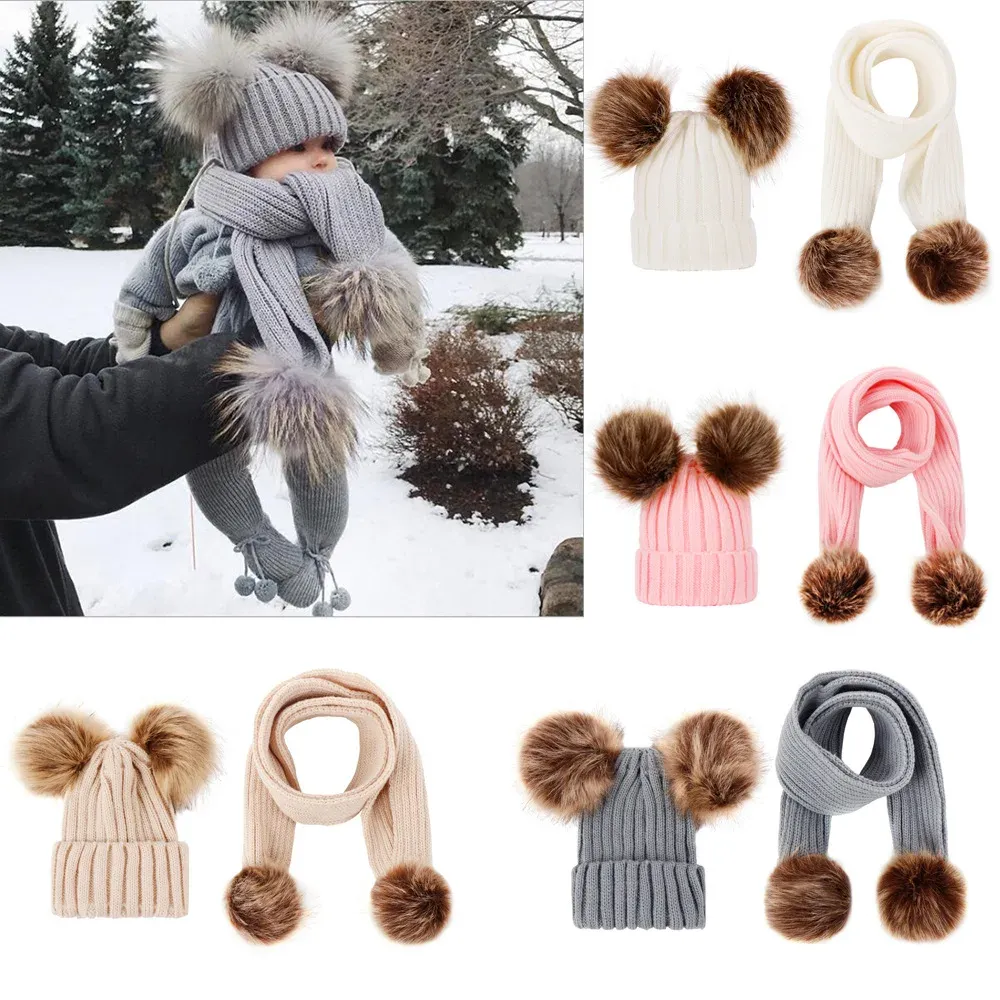 Winter Hats Ears Girls Boys Cap+Scarf 2Pcs Kids Set Baby Keep Warm Children Knit Wool Fur Double Hat Knitted Cute Cap Scarf Set