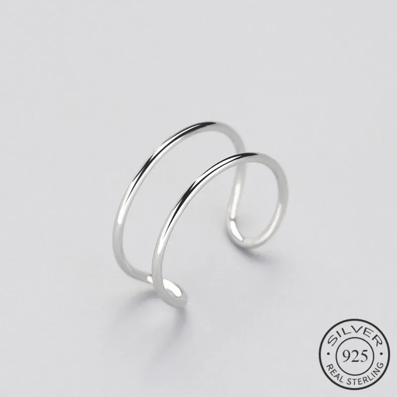 Minimalist Geometric Double line Adjustable Ring Genuine 925 Sterling Silver Trendy Fine Jewelry For Charm Women Bijoux