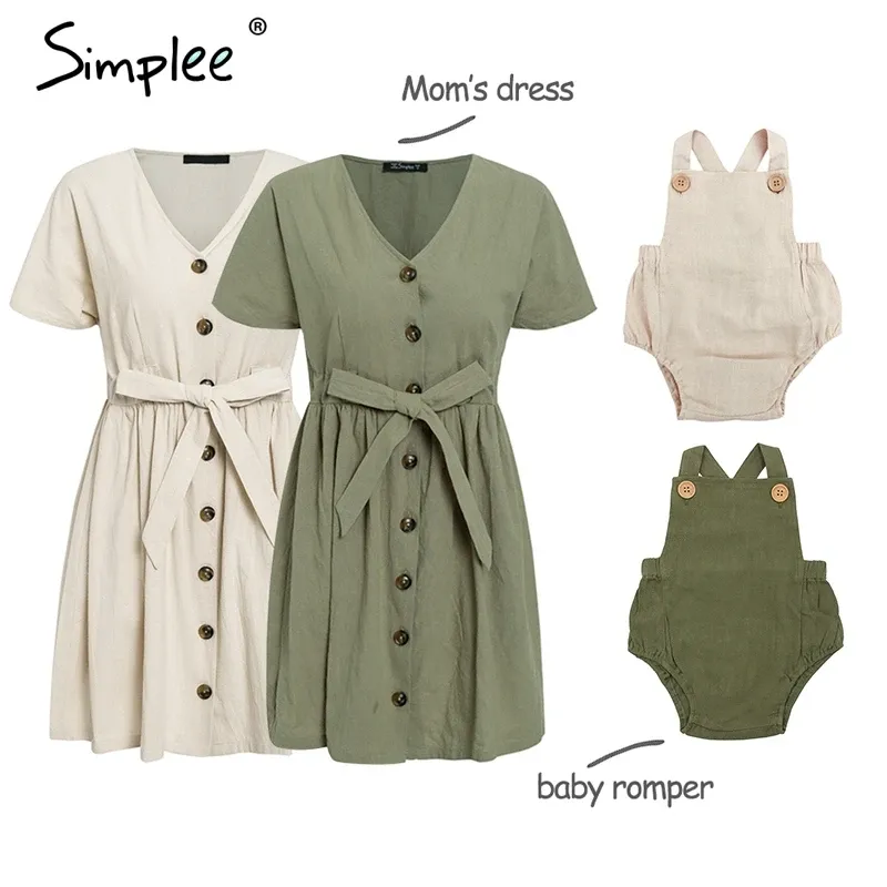 Vintage button women cotton dress shirt V neck short sleeve linen short summer dresses Casual baby romper family outfits