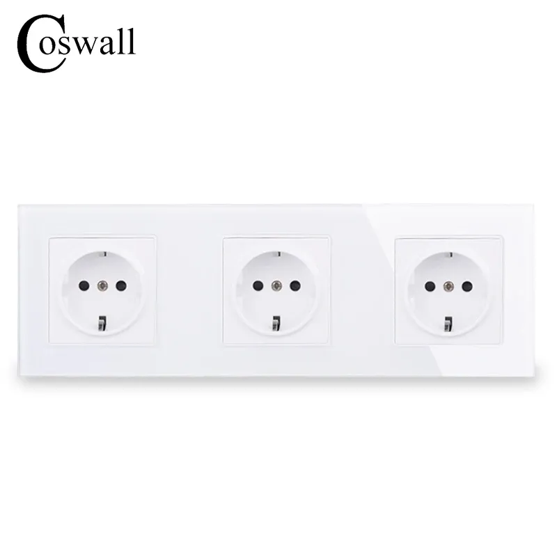 COSWALL Wall Crystal Glass Panel 3 Gang Power Socket Plug Grounded 16A EU Standard Electrical Triple Outlet White Black Grey