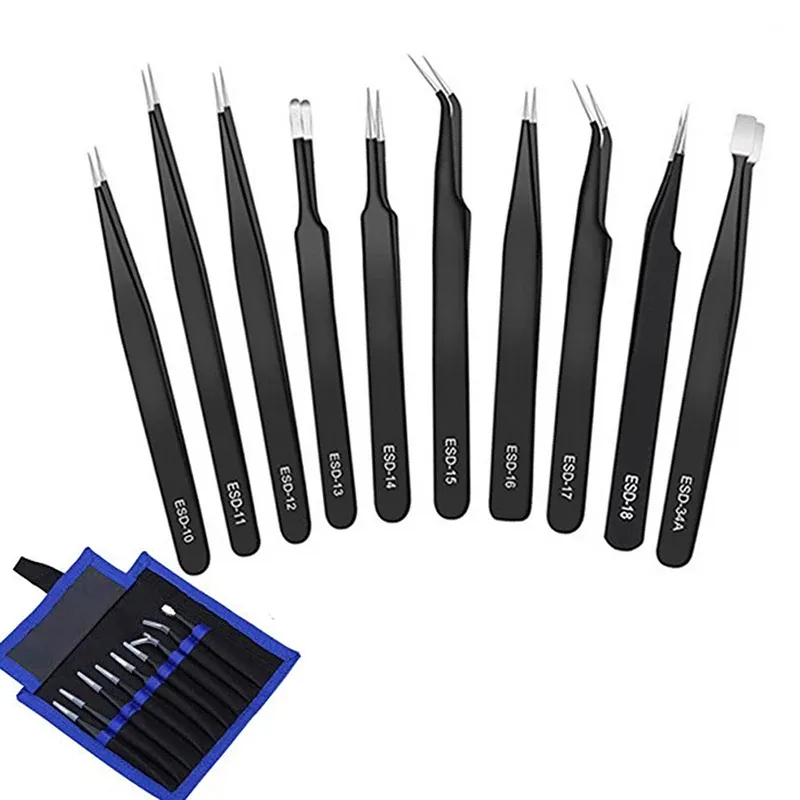 6/10Pcs ESD Stainless Tweezers Tool Set High Precision Tip Curved Straight Antistatic Tweezer Multifunction Nipper Repair Tool