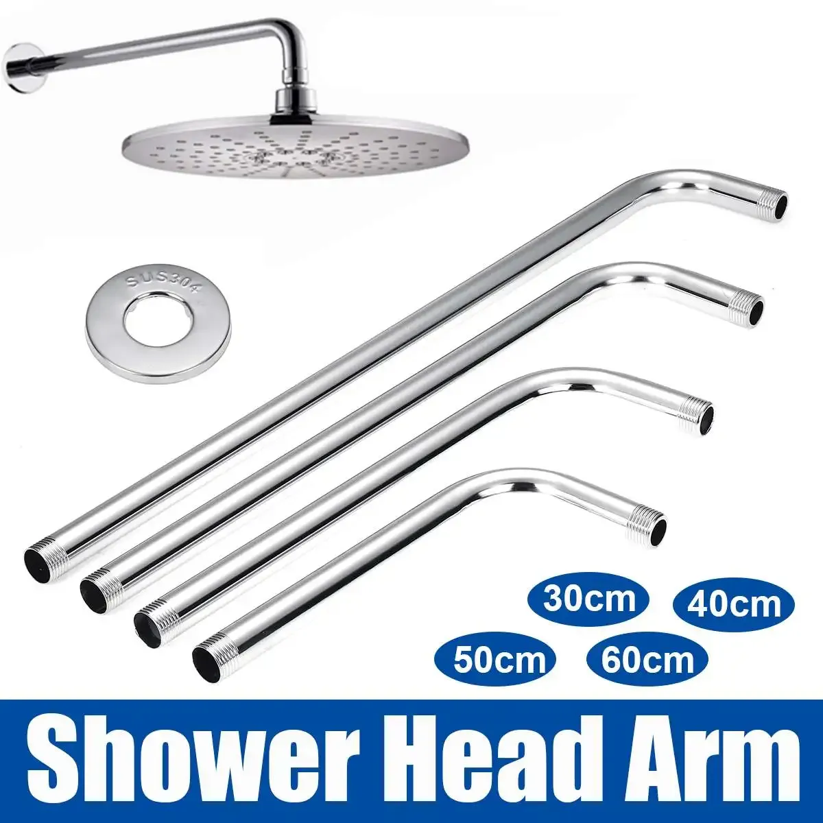 30/40/50/60cm Stainless Steel Shower Head Extension Arm Kit 90°Wall Mounted Tube Rainfall Shower Head Arm for Bathroom Hardware