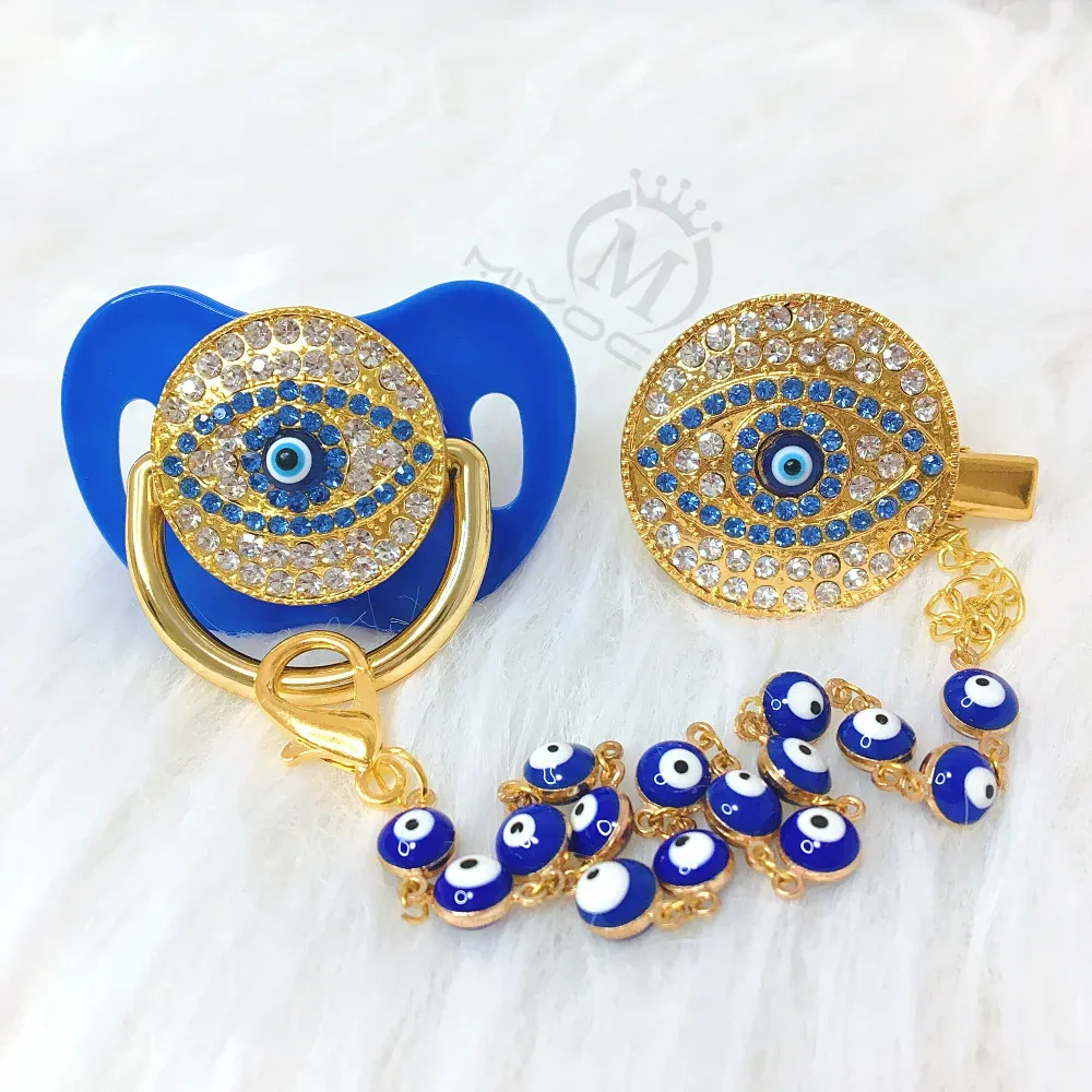 MIYOCAR blue Bling evil eye pacifier and clip set pacifier chain holder bling colorful lovely evil eye pacifier AEYE-C