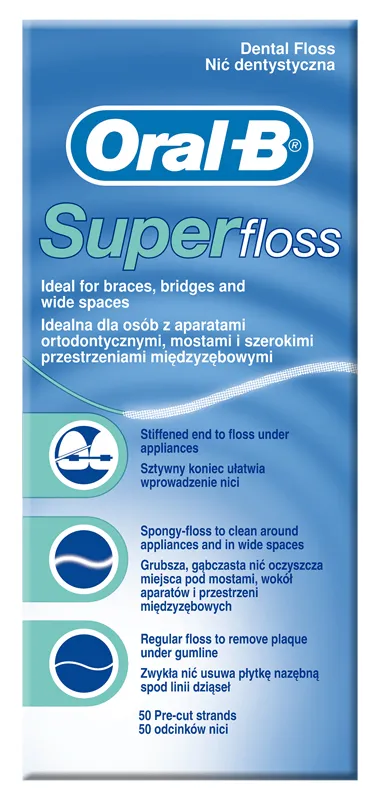 Filo Interdentale Oral B Superfloss Estremita' Rigida + Filo Spugnoso + Filo Standard 50 Pezzi Pretagliati