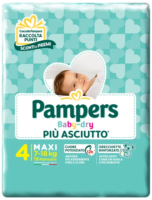 PANNOLINI PER BAMBINI PAMPERS BABY DRY DOWNCOUNT NO FLASH MAXI 19 PEZZI