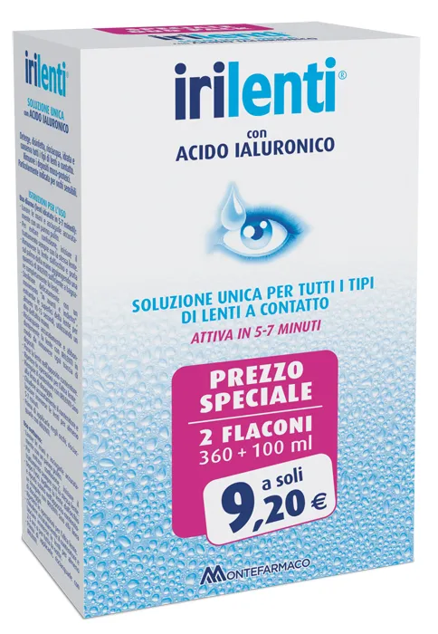 Soluzione Unica Per Lenti A Contatto Irilenti Con Acido Ialuronico 2 Flaconi Da 360 Ml + 100 Ml