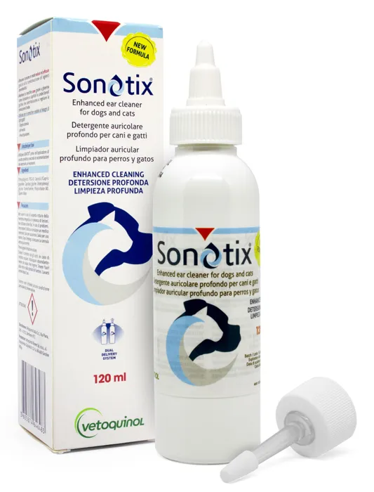 SONOTIX DETERGENTE AURICOLARE PROFONDO CANI E GATTI FLACONE 120 ML + CANNULA CORTA RIGIDA + CANNULA LUNGA FLESSIBILE