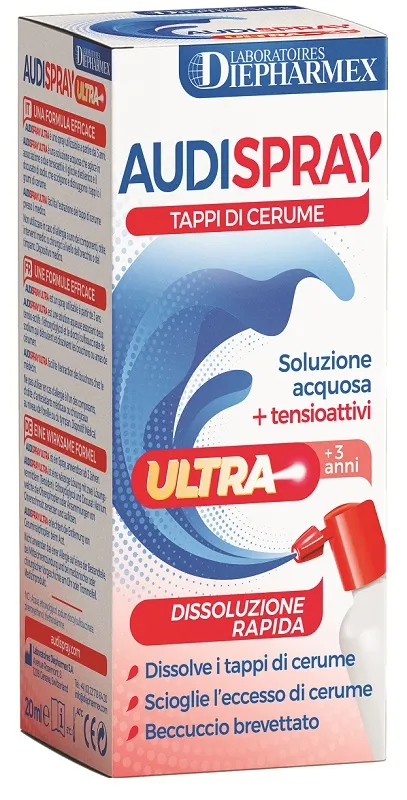 Audispray Ultra +3 Anni Soluzione Acquosa + Tensioattivi Spray Tappi Di Cerume 20 Ml