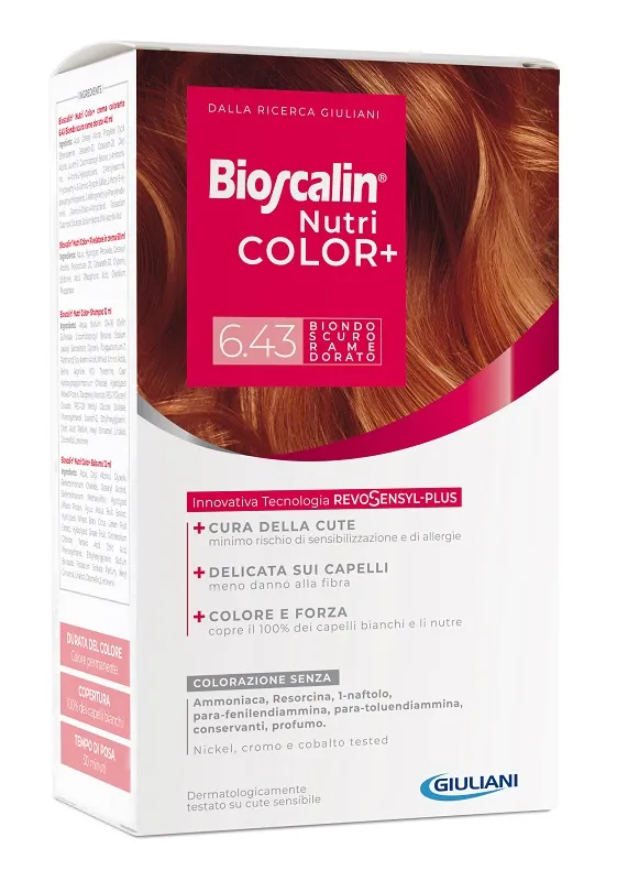 Bioscalin Nutricolor Plus 6.43 Biondo Scuro Rame Dorato Crema Colorante 40 Ml + Rivelatore Crema 60 Ml + Shampoo 12 Ml + Trattamento Finale Balsamo 12 Ml