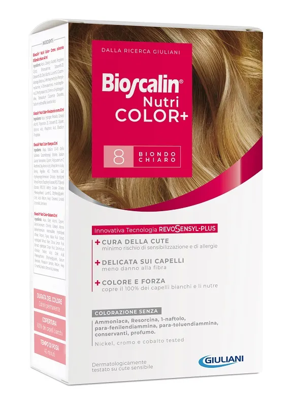 Bioscalin Nutricolor Plus 8 Biondo Chiaro Crema Colorante 40 Ml + Rivelatore Crema 60 Ml + Shampoo 12 Ml + Trattamento Finale Balsamo 12 Ml