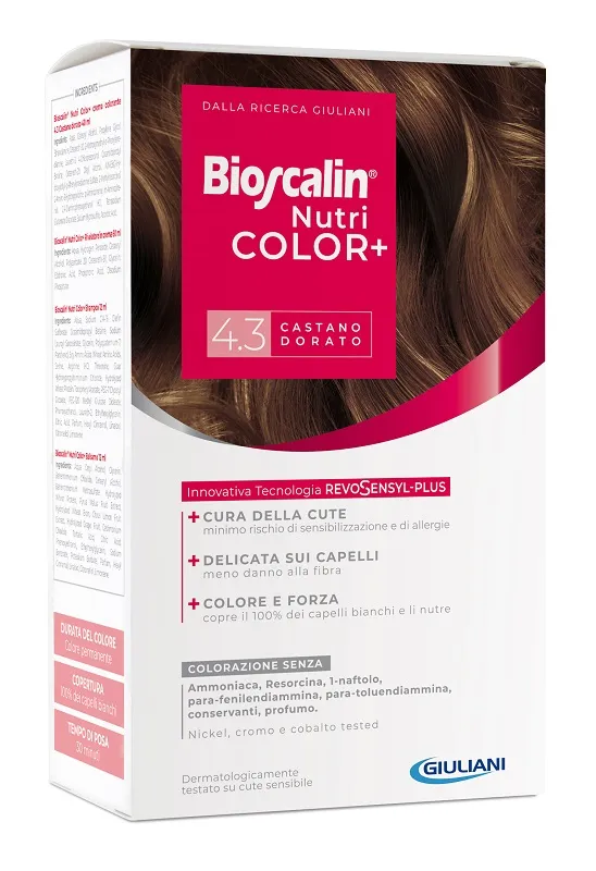 Bioscalin Nutricolor Plus 4.3 Castano Dorato Crema Colorante 40 Ml + Rivelatore Crema 60 Ml + Shampoo 12 Ml + Trattamento Finale Balsamo 12 Ml