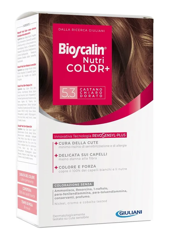 Bioscalin Nutricolor Plus 5.3 Castano Chiaro Dorato Crema Colorante 40 Ml + Rivelatore Crema 60 Ml + Shampoo 12 Ml + Trattamento Finale Balsamo 12 Ml