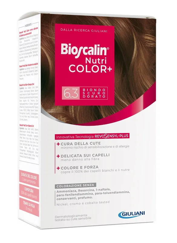 Bioscalin Nutricolor Plus 6.3 Biondo Scuro Dorato Crema Colorante 40 Ml + Rivelatore Crema 60 Ml + Shampoo 12 Ml + Trattamento Finale Balsamo 12 Ml