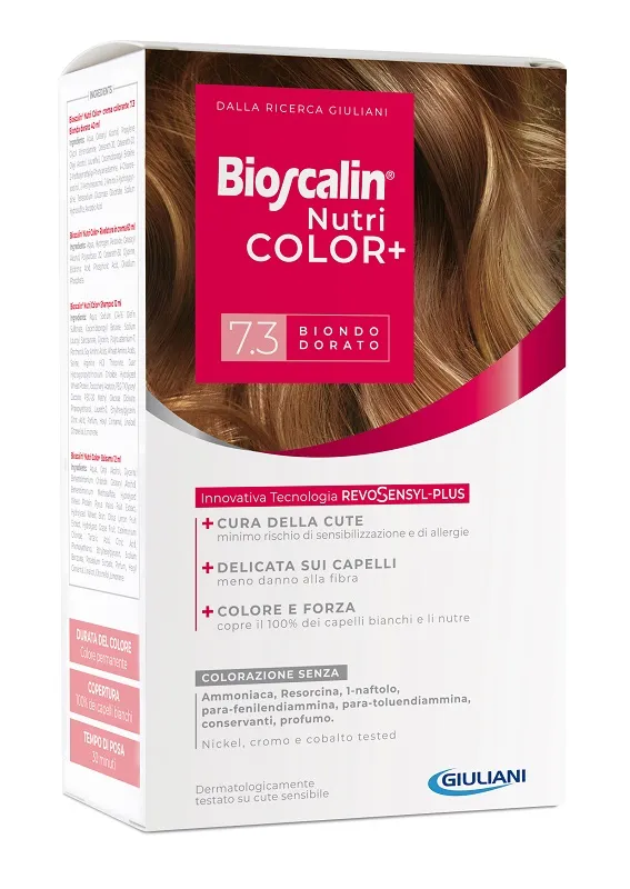 Bioscalin Nutricolor Plus 7.3 Biondo Dorato Crema Colorante 40 Ml + Rivelatore Crema 60 Ml + Shampoo 12 Ml + Trattamento Finale Balsamo 12 Ml