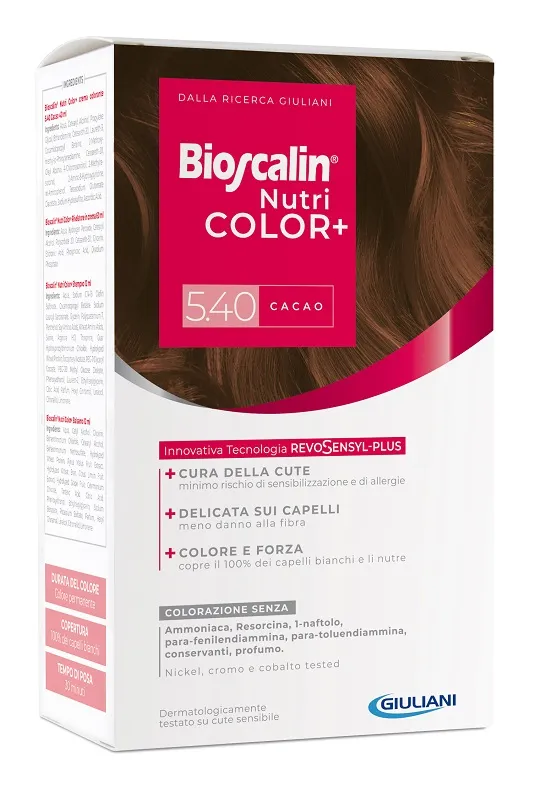 Bioscalin Nutricolor Plus 5.40 Cacao Crema Colorante 40 Ml + Rivelatore Crema 60 Ml + Shampoo 12 Ml + Trattamento Finale Balsamo 12 Ml