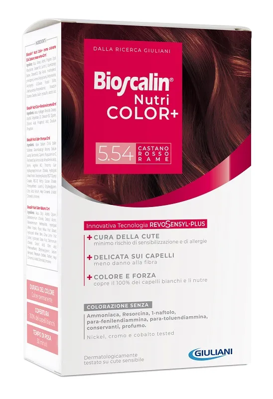 Bioscalin Nutricolor Plus 5.54 Castano Rosso Rame Crema Colorante 40 Ml + Rivelatore Crema 60 Ml + Shampoo 12 Ml + Trattamento Finale Balsamo 12 Ml