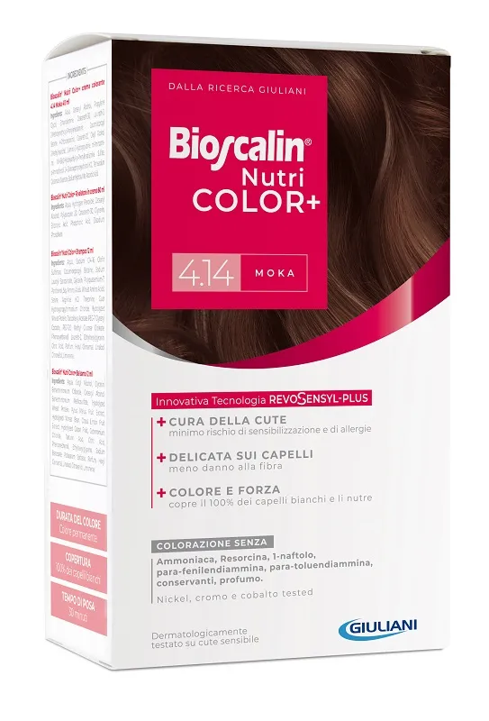 Bioscalin Nutricolor Plus 4.14 Moka Crema Colorante 40 Ml + Rivelatore Crema 60 Ml + Shampoo 12 Ml + Trattamento Finale Balsamo 12 Ml