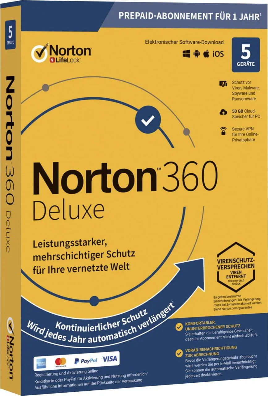 Norton 360 Deluxe, 50 GB di backup cloud 5 dispositivi 6 mesi