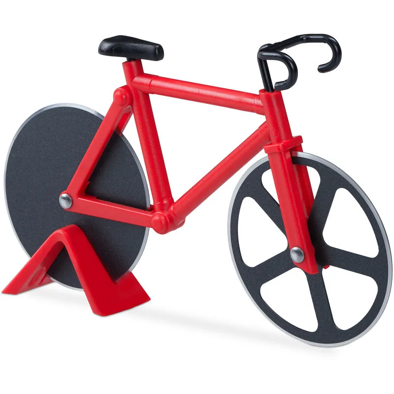 Relaxdays - 1x Tagliapizza Bicicletta, Rotella per Pizza a Forma di Bici, Cutter da Cucina in Acciaio Inox, Tagliapasta, Rosso