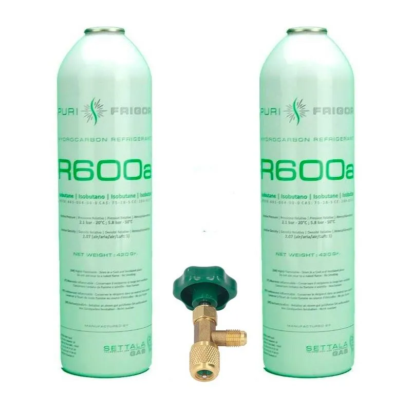 2 bottiglie di gas refrigerante R600 + 420gr Valvola di isobutane