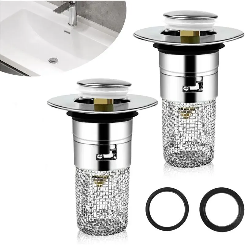 2 Pezzi Scarico per Lavabo, Scarico per Lavabo con Filtro Rimovibile 33-40mm, Tappo per Lavabo Bagno Pop Up Universale, Filtro per Scarico a