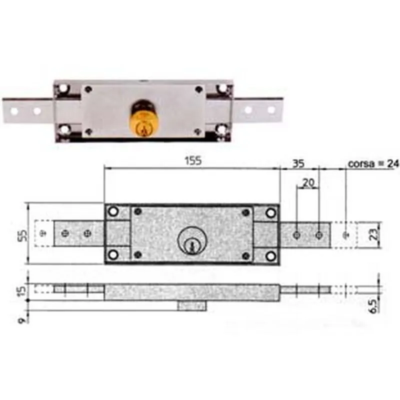 2PZ serratura cilindro fisso tondo centrale 8231 - MM.155X15X55H. dotazione 2 chiavi (8231.9)