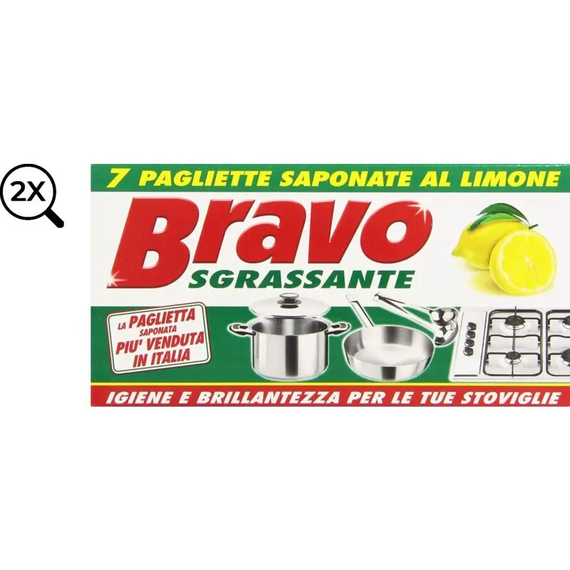 2x Bravo Detergente Sgrassante al Limone Pagliette Saponate 2x7 Totale 14 Pezzi