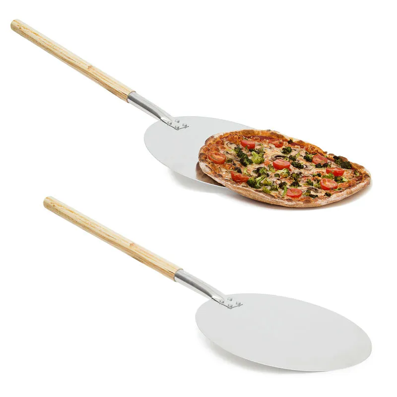 2x Pale per Pizza Rotonda, in Alluminio, Manico di Legno, per Forno, Casa, Focacce e Pane, Ø: 30, Beige Argentato