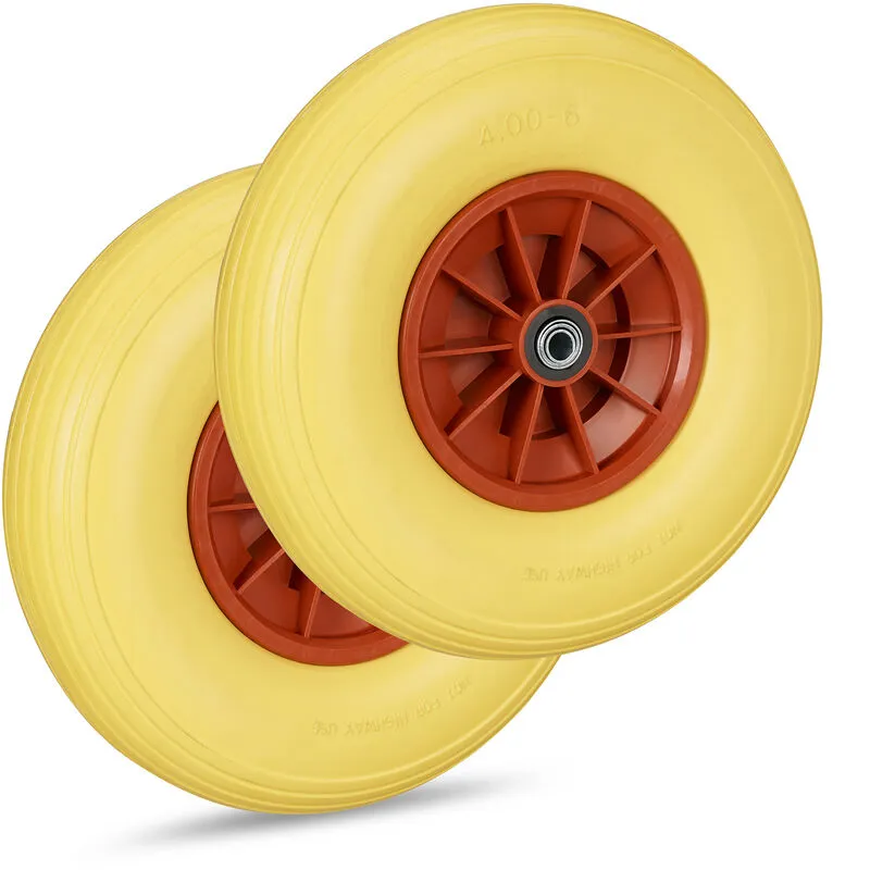 2x Ruota per Carriola 4.00-6, Gomma Piena e Cerchione in Plastica, 3 Adattatori, Max 100 kg, in Giallo Rosso