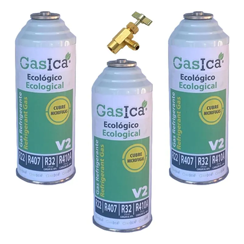 3 bombole di gas ecologico Gasica 226Gr + V2 valvola sostitutiva R22, R32, R407C, R410A Blocca biologica